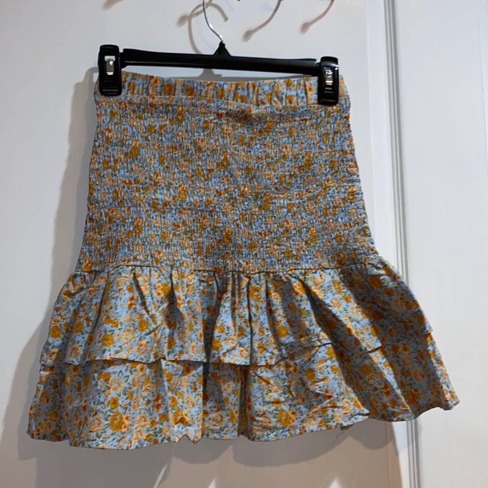 Blue and orange floral mini ruffle skirt